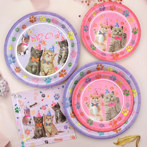 Cat Birthday Party Supplies Set for 25 Guests - Plates, Napkins, Forks & Backdrop