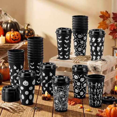 Halloween Reusable Plastic Cups Bulk 16 oz with Lids - Spooky Pattern Set