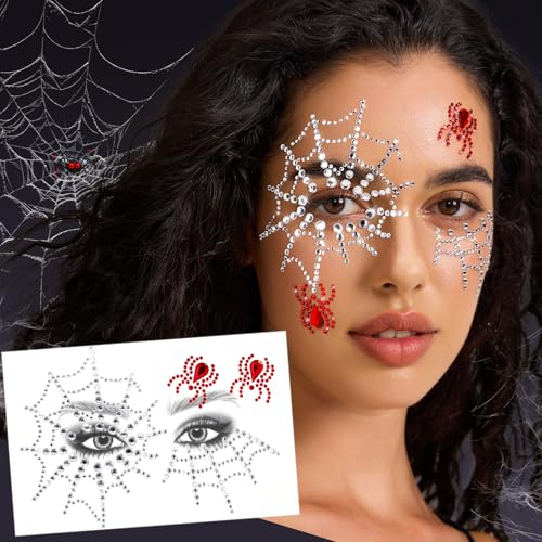 Halloween Face Gems Stick On Spider Web Silver & Red - Kids & Women