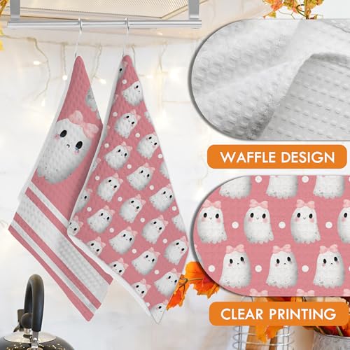 Halloween Kitchen Towels Set of 2 - Pink Ghost & Bow, Absorbent & Decorative for Home & Gift - Pink-1