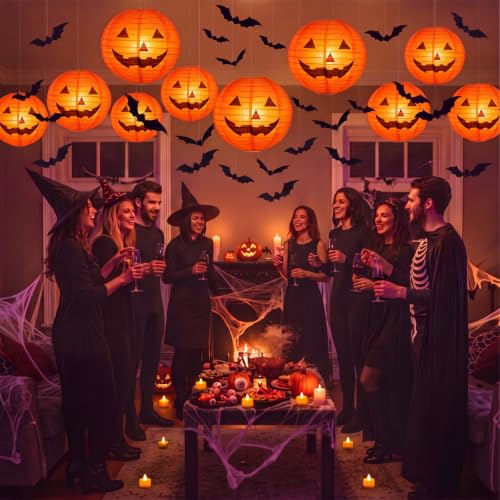 Halloween Party Decoration Set with Lanterns, Bats, LED Tea Lights & Hooks