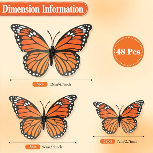 Orange 48 Pcs Monarch Butterfly Wall Decor - Realistic 3D Artificial Butterflies for Autumn & Home Decor