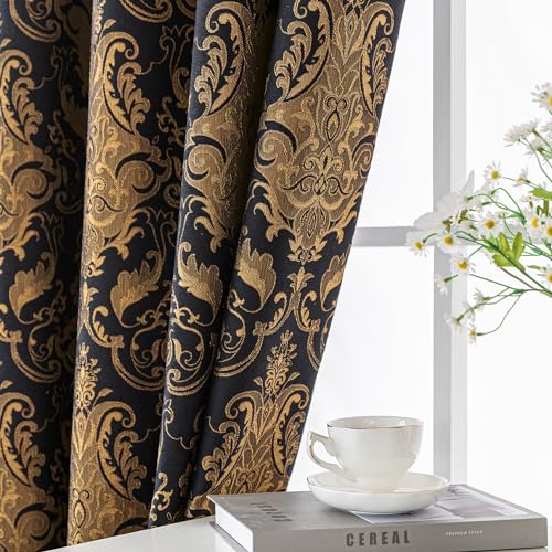 Black Damask Curtain Set - 2 Panels 42x63 Inches with Lining, Elegant Bedroom Drapes - Variation of THIS listing
