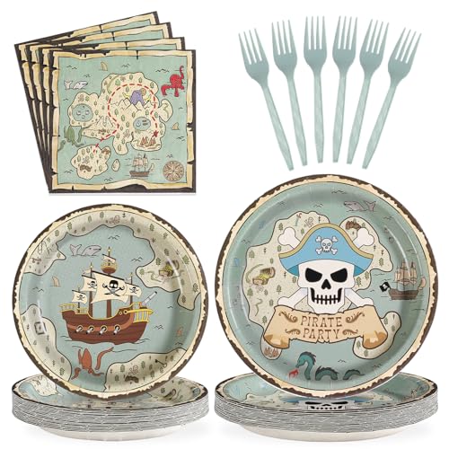 Pirate Party Decorations Set for Kids - 96 Pieces Including Plates & Utensils - Map & Skeleton Theme - Variation: 96pcs Children Map Plates