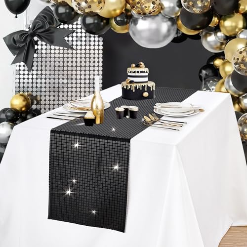 Disco Party Table Runner 12x72 Inches Black Sequin Set of 10 - Modern Decor