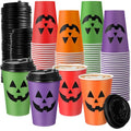 Halloween Paper Cups with Lids 12oz Pumpkin Face Print - 100 Pack