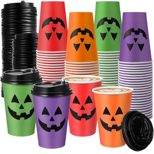 Halloween Paper Cups with Lids 12oz Pumpkin Face Print - 100 Pack