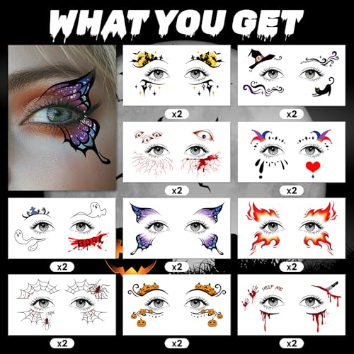 Halloween Eye Shadow Temporary Tattoos Kit - Colored, 20 Pairs, Waterproof