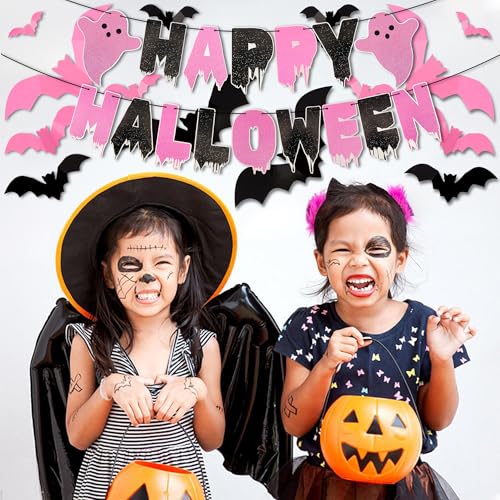 Halloween Pink Black Banners & 3D Bat Stickers Set for Indoor Wall Decor - Halloween Party Decorations - Variation of THIS listing