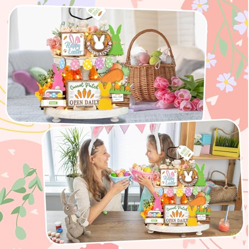 Easter Tiered Tray Decorations Bunny Carrot Wooden Set Farmhouse Holiday Decor - 15 Pieces