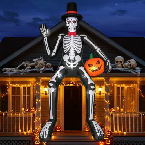 14FT Halloween Inflatable Sitting Skeleton with Pumpkin - Outdoor Yard Decor