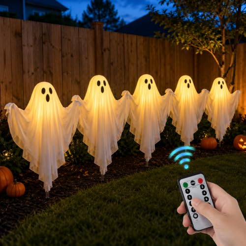 Set of 5 Halloween Lighted Ghost Stakes - Spooky Outdoor Yard Decorations with Remote Control & Timer - 17.7 Inch Glowing Ghost Pathway Lights