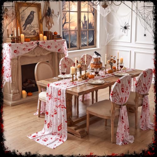 Bloody Handprint Halloween Table Runner Set - 6 Lace Decor 30x70 Inches - Red Variant