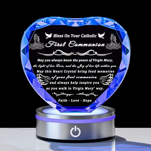 First Communion Gifts for Boys & Girls - 3D Engraved Crystal Praying Boy & Virgin Mary Figurine with Heart Variation
