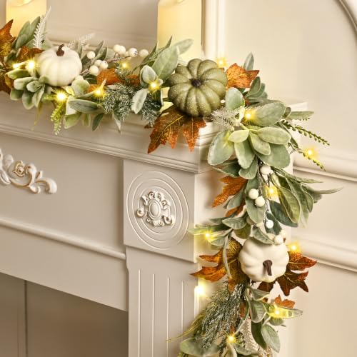 Waipfaru Fall Decor Garland with Lights - 9FT Autumn Mantle Garland, Timer Function
