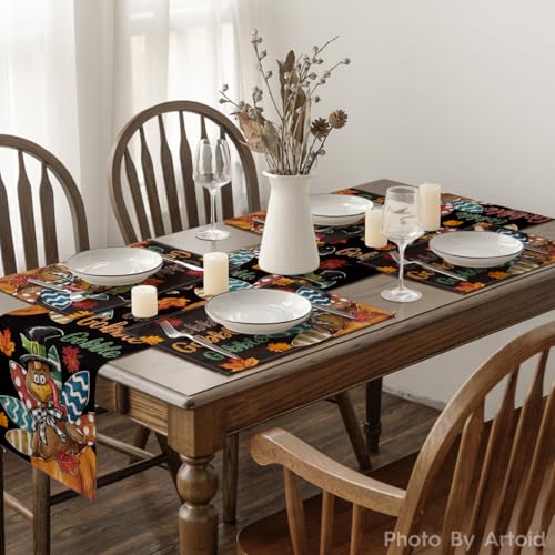 Black Gobble Turkey Fall Harvest Placemats Set of 4 - 12x18 Inch Rectangular Halloween Decor