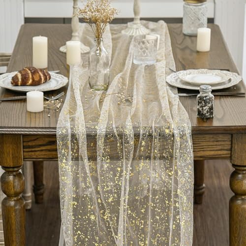 6Pcs 28x120 Inch Beige Gold Gauze Table Runner Set for Wedding & Party Decor