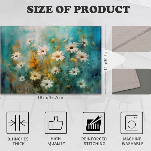 Retro White Daisy Floral Linen Placemats Set of 6 Heat Resistant Table Mats for Home & Dining