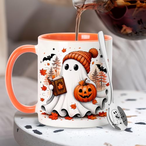 Halloween Ghost Coffee Mug with Spoon - Fall Ghost Gift for Book Lovers - Variation GhoPu26