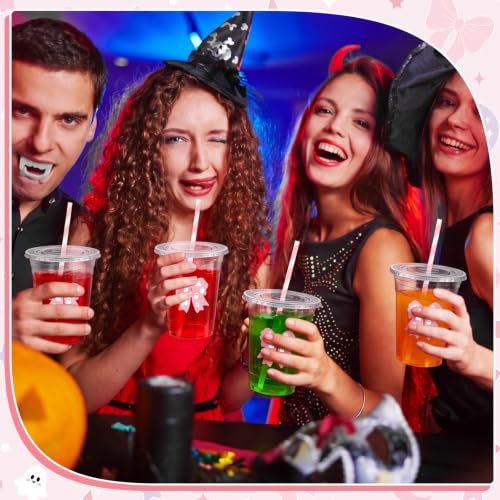 Sliner 16 oz Pink Bow Ghost Plastic Cups with Straw - Halloween Party Supplies, 50 Pack