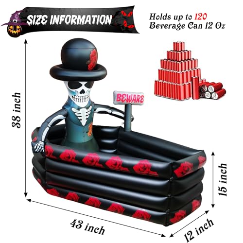 43 Inch Inflatable Halloween Cooler Drink Holder - Large Capacity Skeleton Coffin for Parties