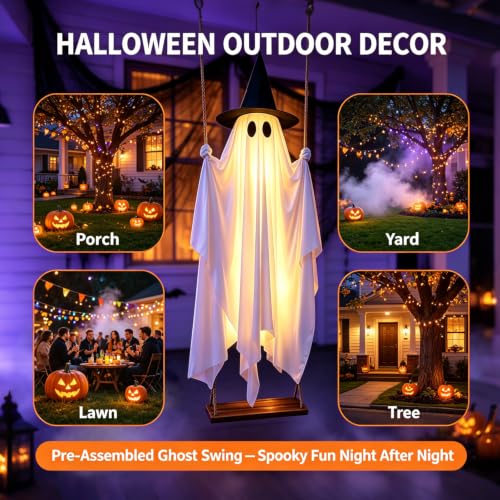Adjustable Hanging Ghost Decorations with LED Lights for Outdoor Halloween Yard