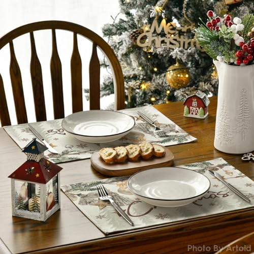 Seasonal Pine Branch Christmas Placemats Set of 4 - 12x18 Inch Rectangular Beige