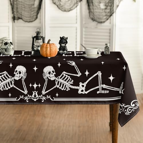 Halloween Skeleton Tablecloth 52 x 70 Inch Rectangular Black Spooky Decor