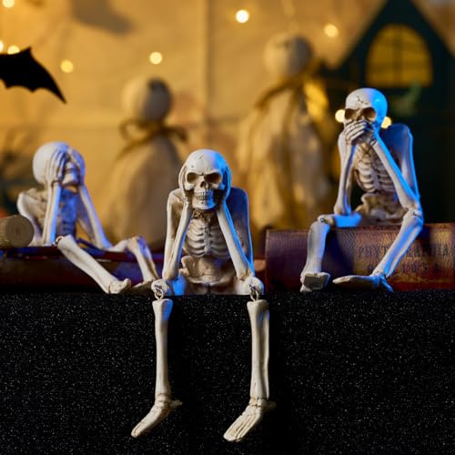Halloween Skeleton Statues Set of 3 - See Hear Speak No Evil Skull Decor