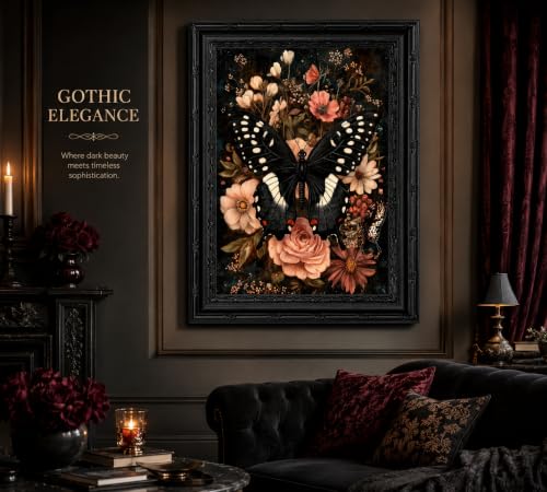 Black Gothic Butterfly Canvas Wall Art - Framed 16x12 Inches - Dark Decor