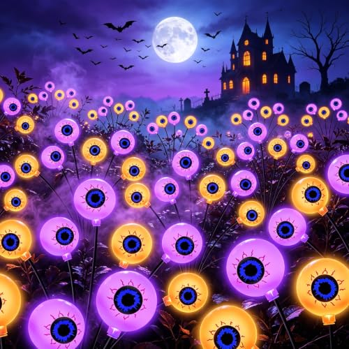 Yulloyello 4 Pack Solar Eyeball Lights - Purple & Orange Outdoor Halloween Decorations