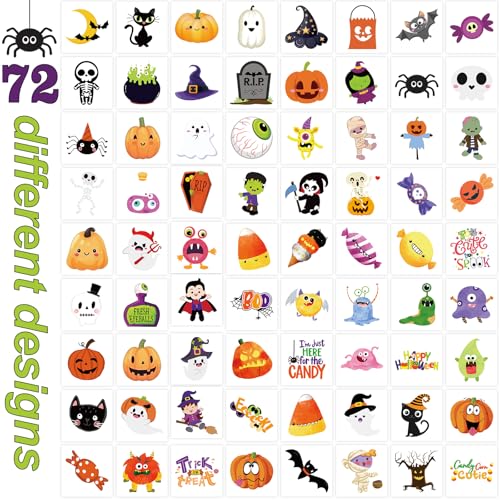 Halloween Temporary Tattoos for Kids - 144 Pack with 72 Unique Designs