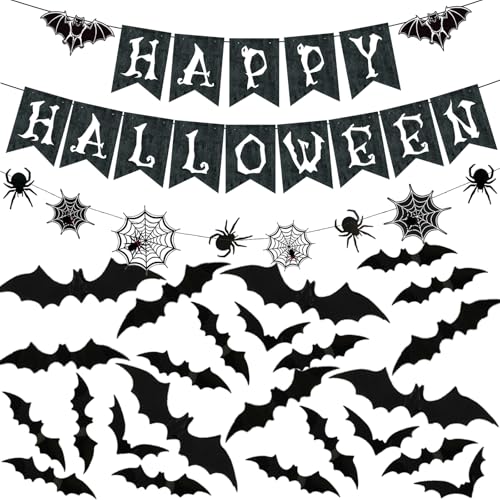 Halloween Banner with Spider Garland and Bat Wall Decals - Indoor Party Decorations