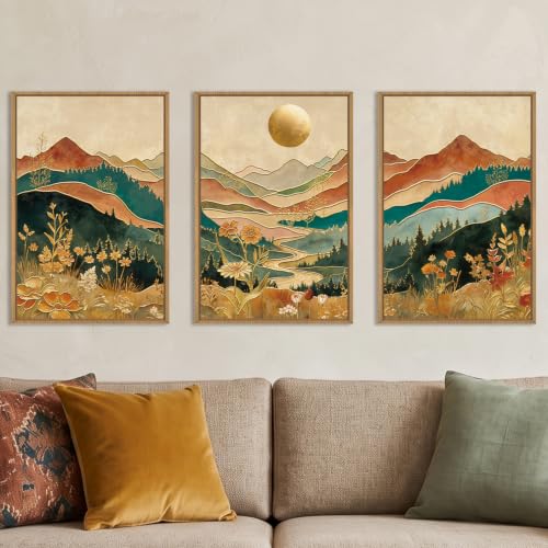 Boho Mountain Colorful Canvas Wall Art Set - 24x36 Inches, Framed, Variations Included