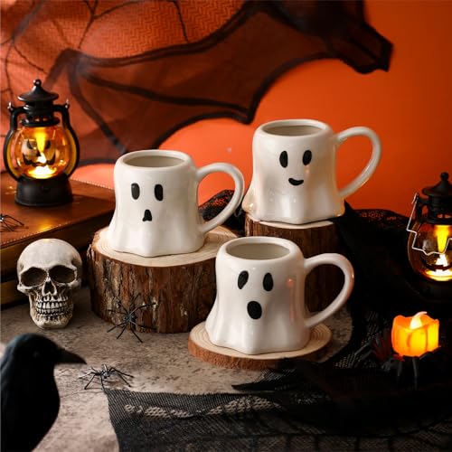 White Ghost Mug Set - Halloween Ceramic Coffee Cups 11 oz, 6 Pieces