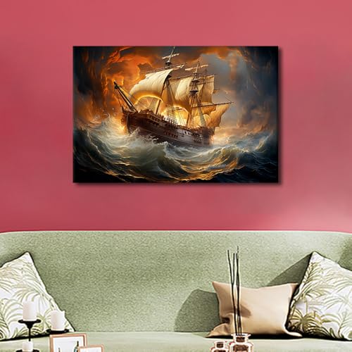 Pirate Ship Wall Art Canvas - Stormy Ocean Sunset Scene - 24x16 in - Framed Wall Decoration - Fantasy Boat Picture - Ready to Hang