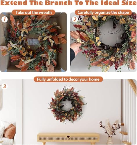 Fall Wreath for Front Door 24 Inch Artificial Red Broad Leaves Burgundy Berry
