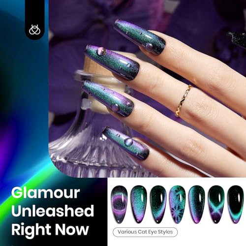 Beetles Cat Eye Chrome Nail Powder Set - Blue Holo 1 2-in-1 Holographic Effect