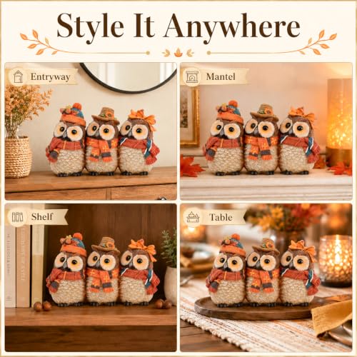 Autumn Owl Figurines Set - Fall Harvest Decor for Thanksgiving & Halloween