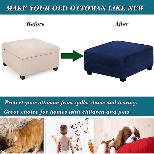 Medium Blue Velvet Ottoman Cover - Square Slipcover with Elastic Bottom, Washable & Protective