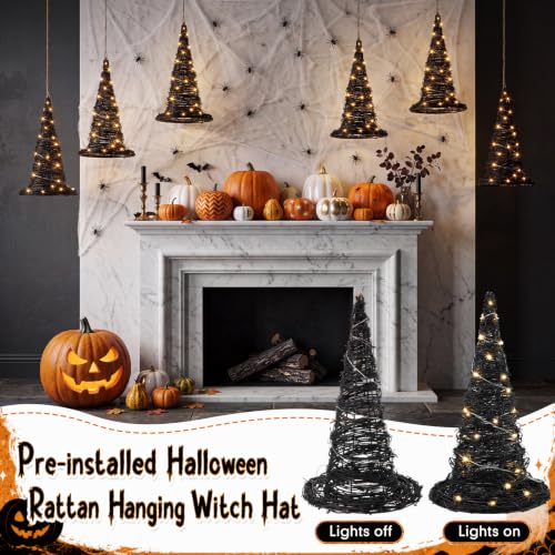 Halloween Rattan Witch Hat Decor Set with LED String Lights - Indoor Outdoor 12 Inch