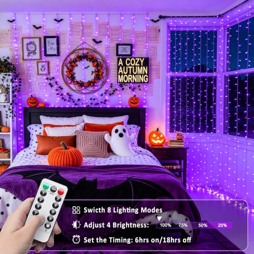 USB Purple Halloween Curtain Lights - 200 LED, 6.5ft x 6.5ft, Remote Control