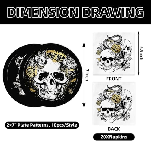 Black Skull Party Plates and Napkins Set for 20 Guests Dia De Los Muertos Halloween