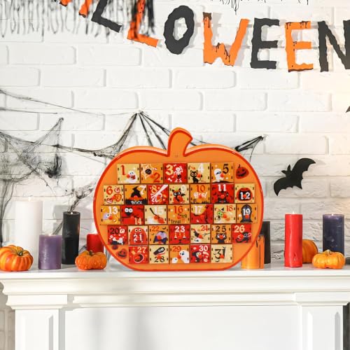 Halloween Pumpkin Countdown Calendar - Wooden Advent Box with Storage Drawers - Orange, 31 Days