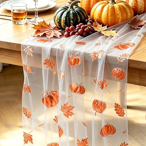 Fall Gauze Table Runner with Glitter Pumpkins & Maple Leaves - 120 Inch, Color 02