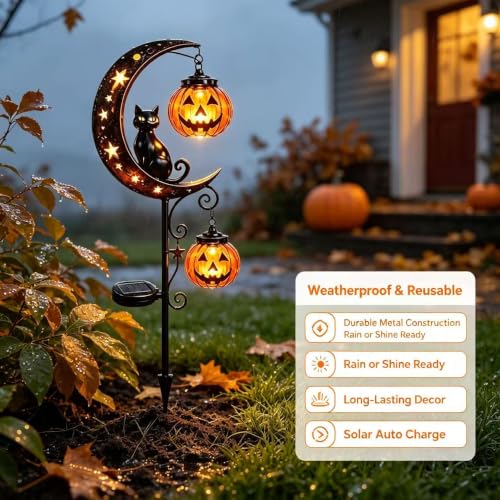 Halloween Solar Cat Garden Stake Light with Pumpkin Moon - Outdoor Yard Decor B