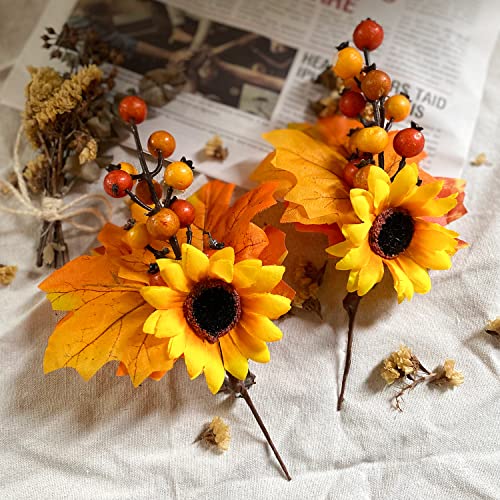 Artificial Fall Sunflower Berry Picks - 6 Pack Autumn Harvest Decor