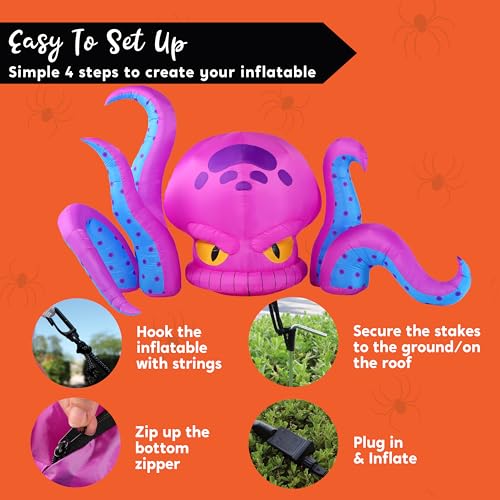 Purple Big-Headed Halloween Inflatable Octopus with LEDs - 10ft Yard Decor