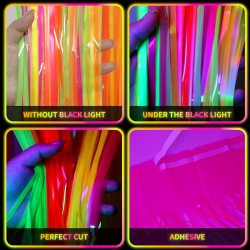 Glow in The Dark Neon Party Supplies - 4-Pack Fluorescent Curtain Set - Orange, Green, Yellow, Pink