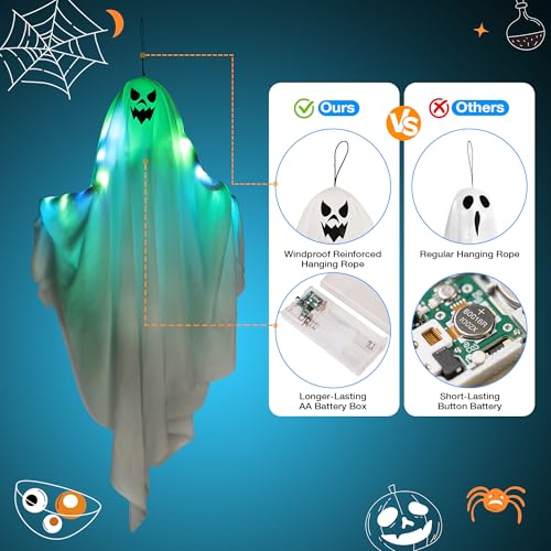 2 Pcs Halloween Hanging Ghost Decorations with Color-Changing Lights & Auto-Timer